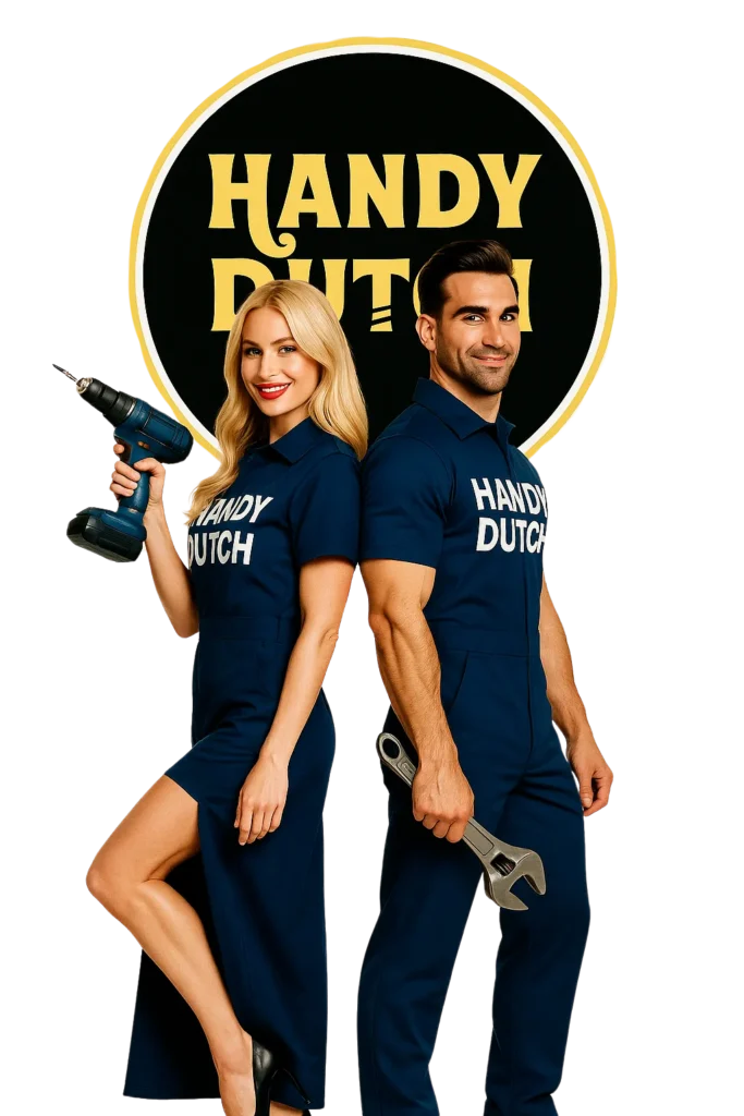 a man and a woman with Handy Dutch logo